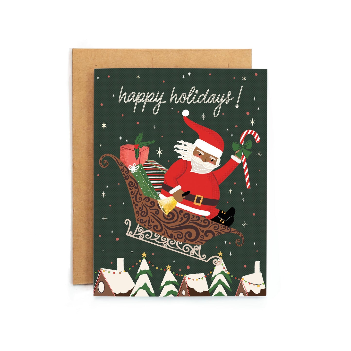 a christmas card with a santa clause on a sleigh