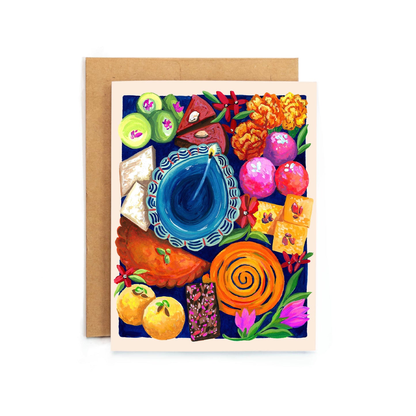 a card with a painting of a blue vase
