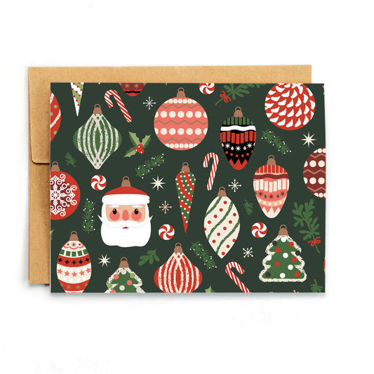 a christmas card with a santa clause surrounded by ornaments