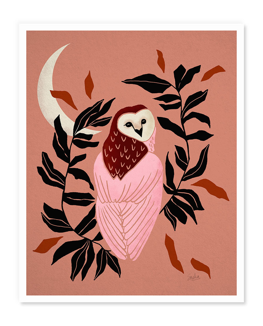 a pink owl sitting on top of a tree branch