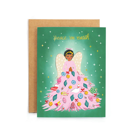 a card with an angel in a pink dress