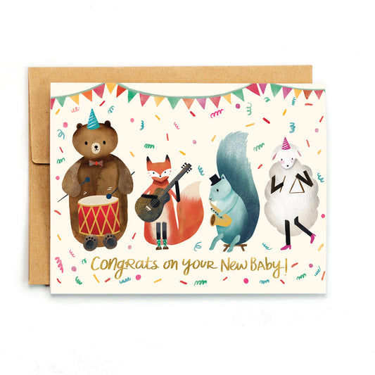 a card with a bear, fox, and squirrel on it