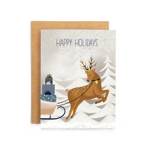 a christmas card with a reindeer pulling a sleigh