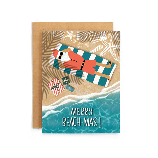 a christmas card with a dog on the beach