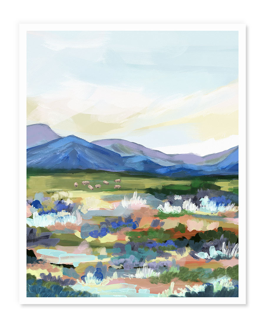a painting of a landscape with mountains in the background