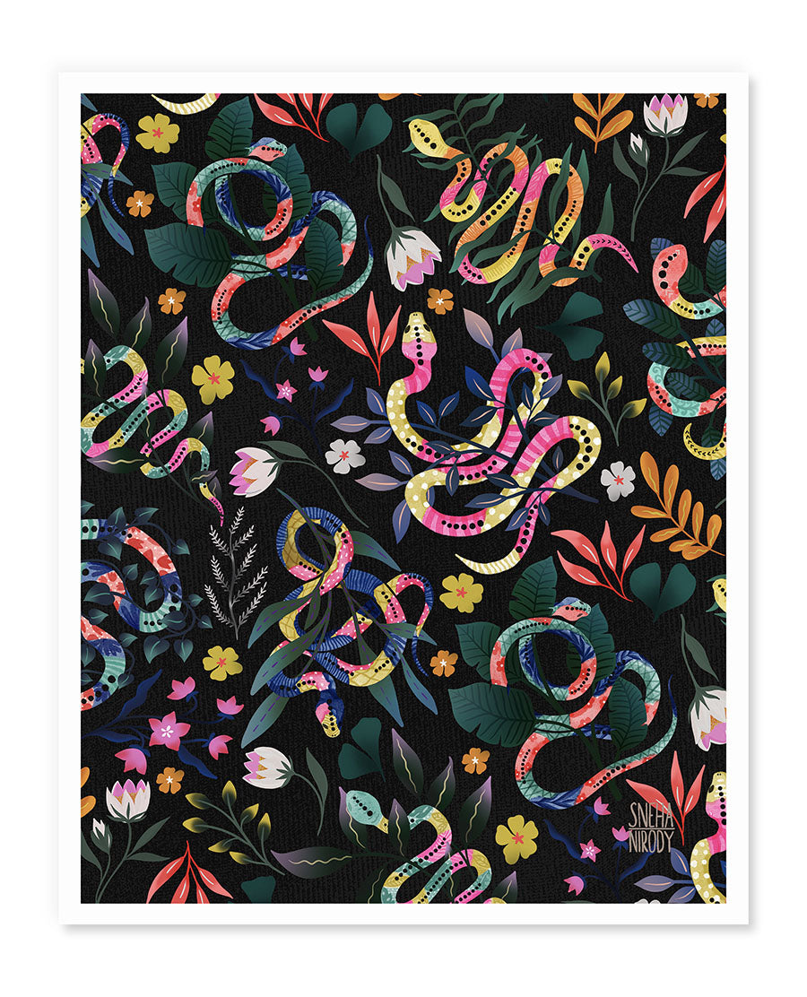 a picture of a snake and flowers on a black background