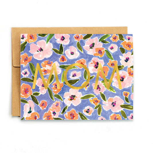 a card with a floral pattern and the word mom on it