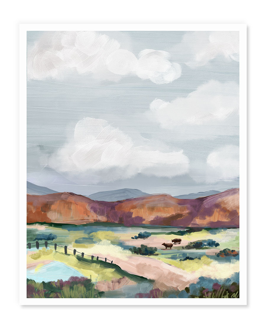 a painting of a landscape with mountains in the background