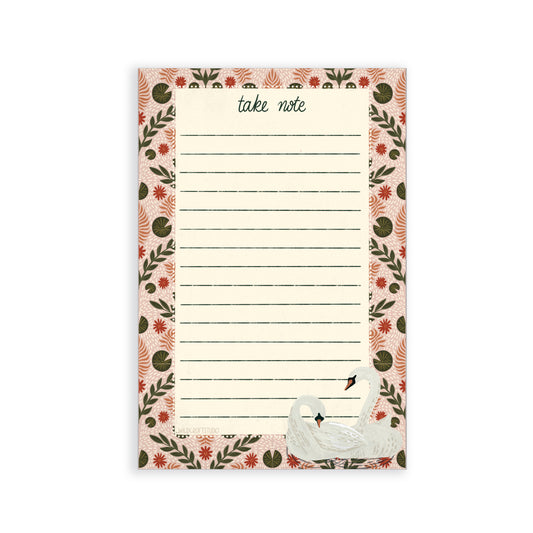 a notepad with a picture of a swan on it