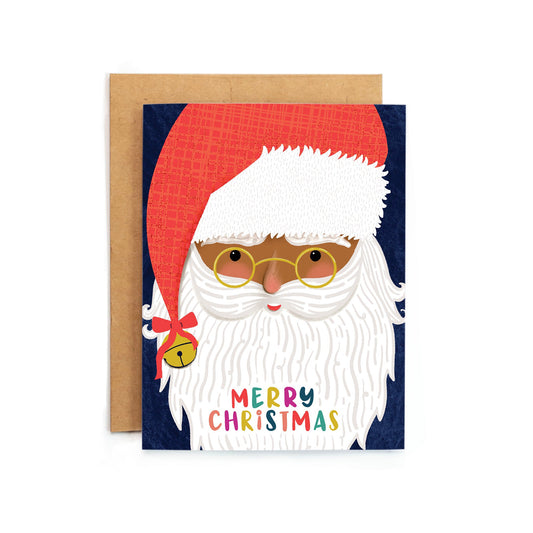 a christmas card with a santa clause wearing glasses and a santa hat