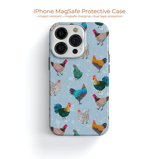 a phone case with chickens on a blue background