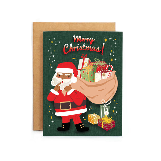 a christmas card with a santa holding a sack of presents