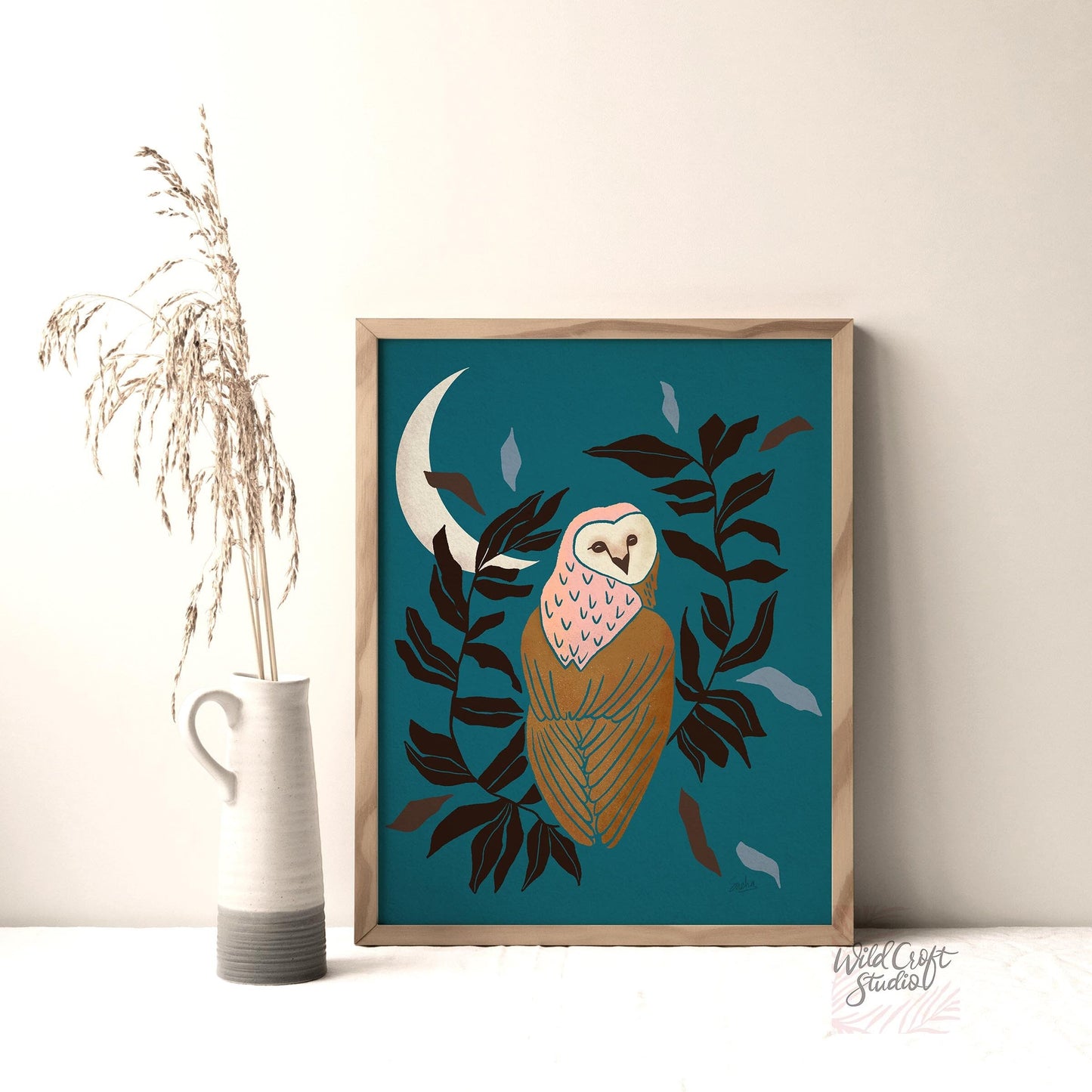 Teal + Blue Owl and Moon Art Print WS