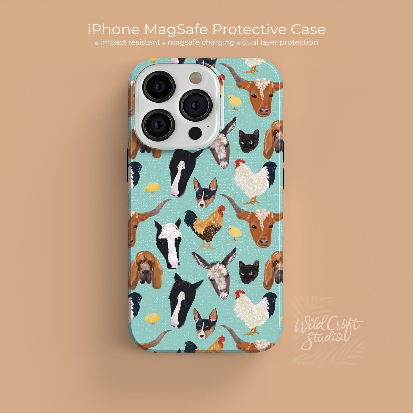a phone case with dogs and horses on it