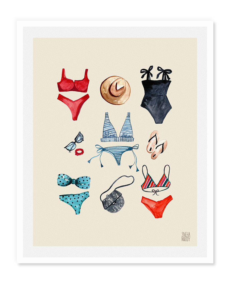 Summer Swimsuit, Hat, Sunglasses Art Print WS