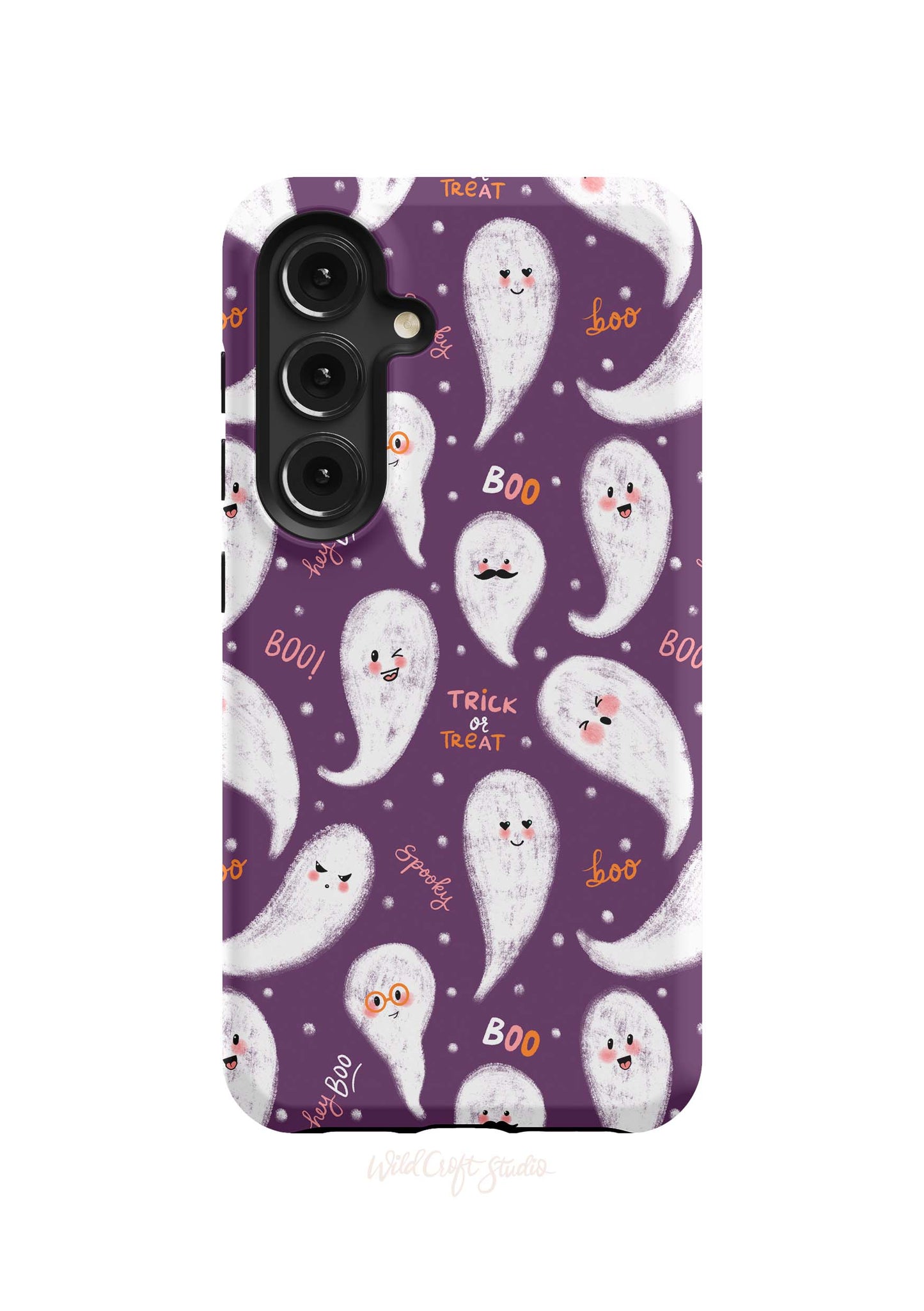 a purple phone case with ghost faces on it