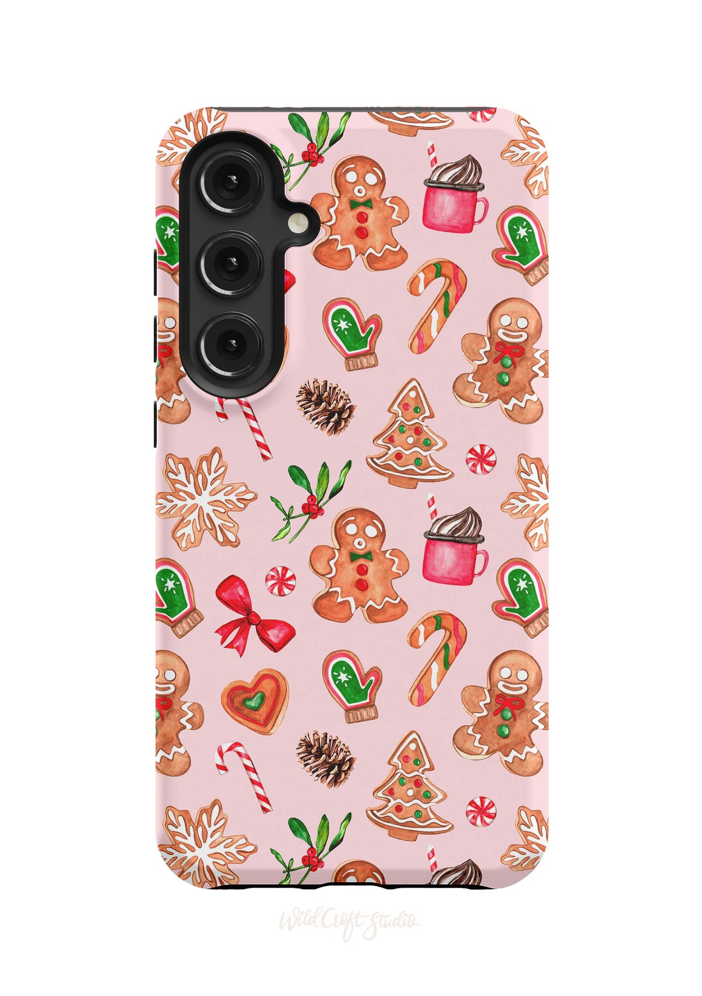 a pink phone case with ginger cookies and candy canes