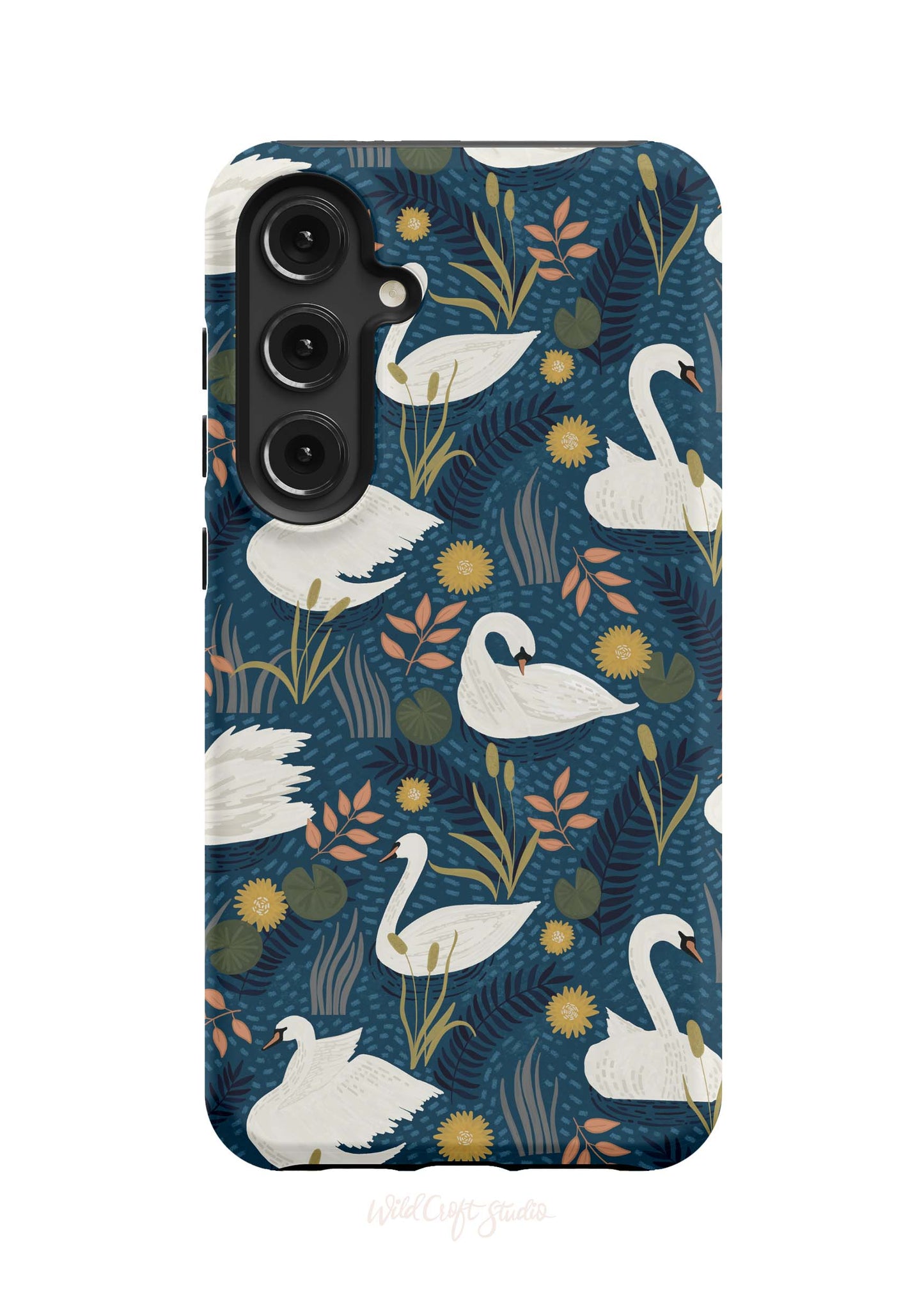 a phone case with swans on a blue background