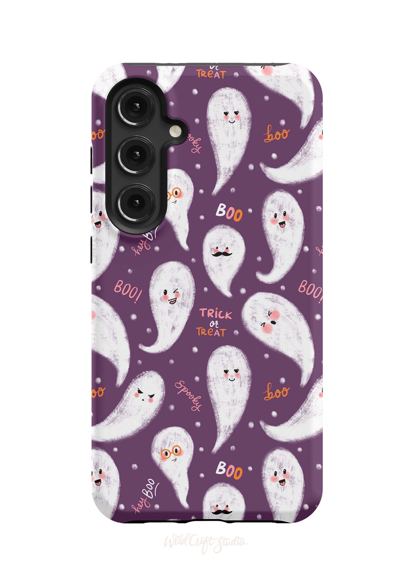 a purple phone case with ghost faces on it