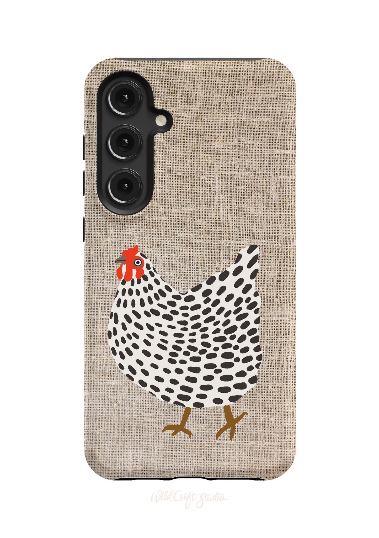 a phone case with a chicken painted on it