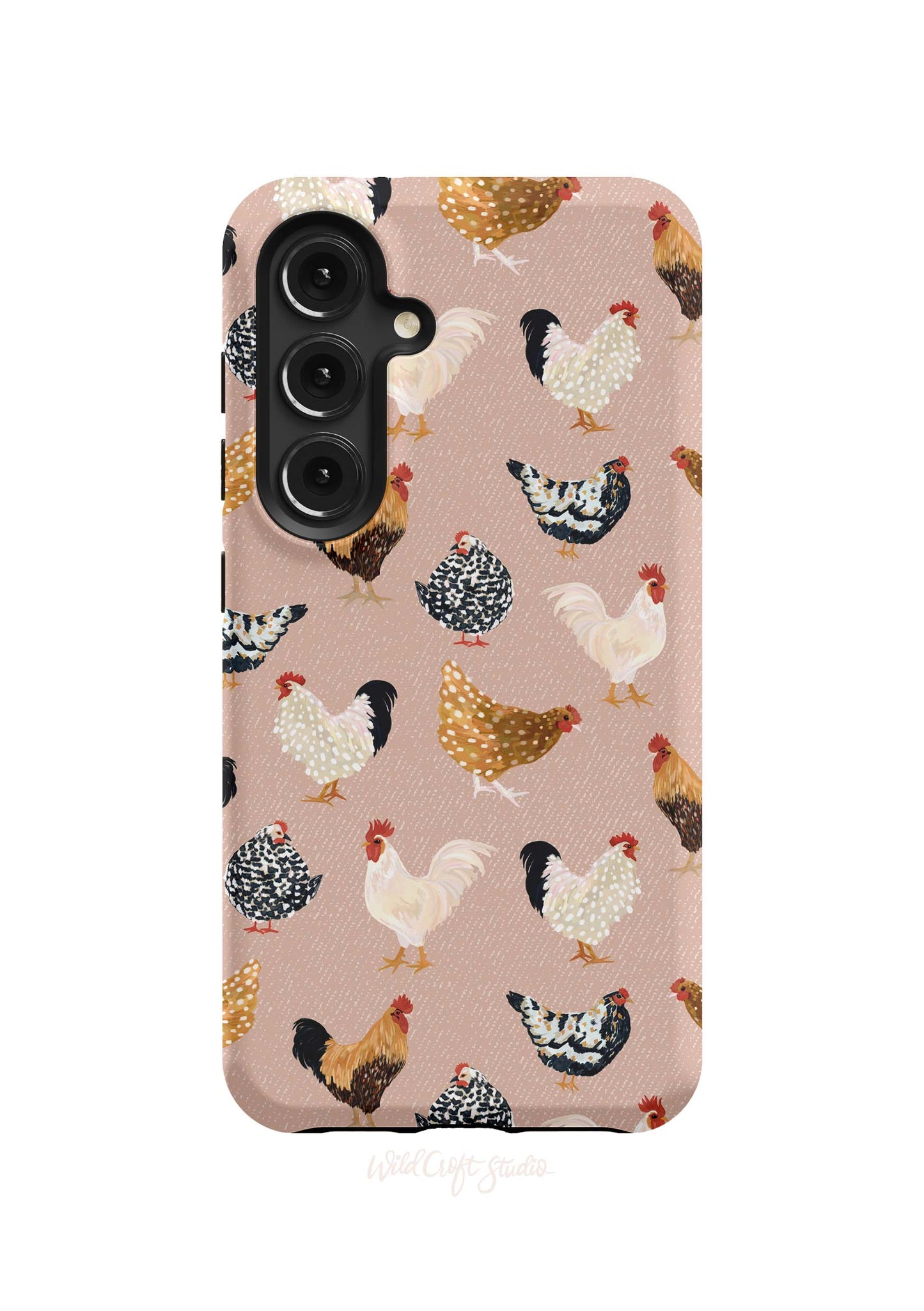 a pink phone case with chickens on it