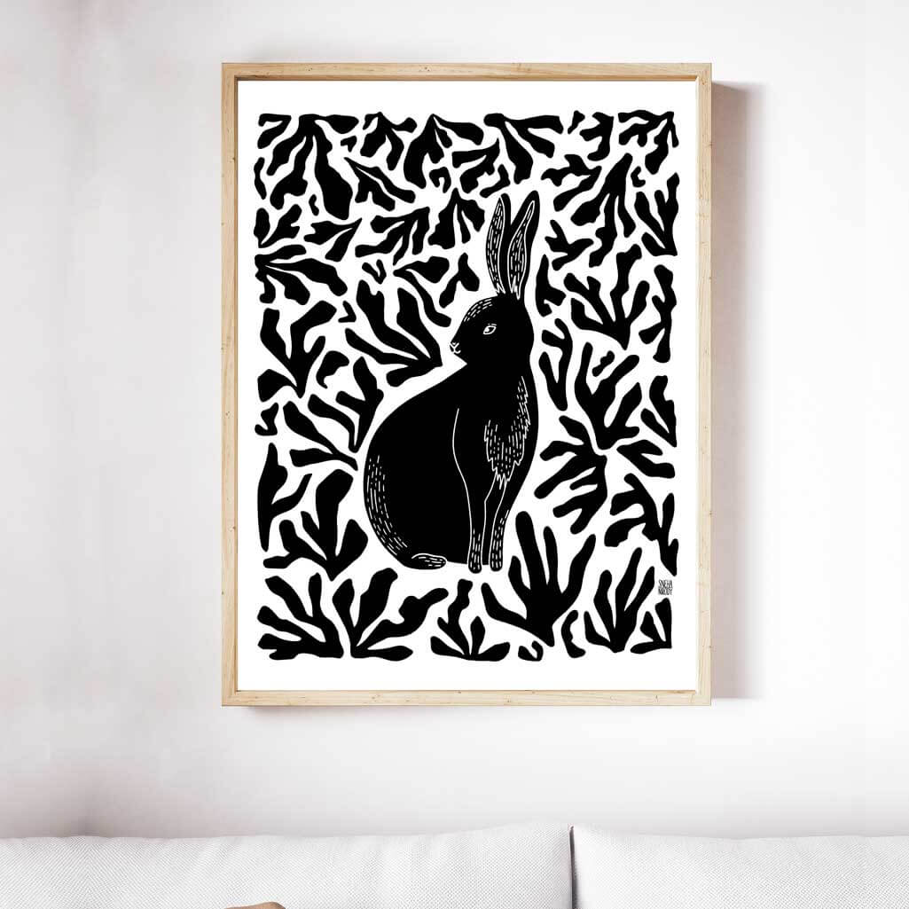 Bunny In The Forest Monochrome Art Print