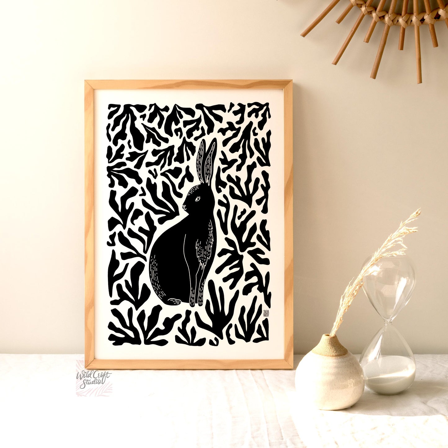 Bunny In The Forest Monochrome Art Print