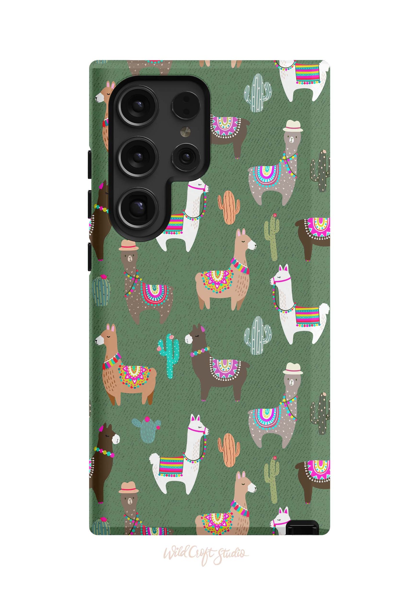 a green phone case with llamas and cactuses