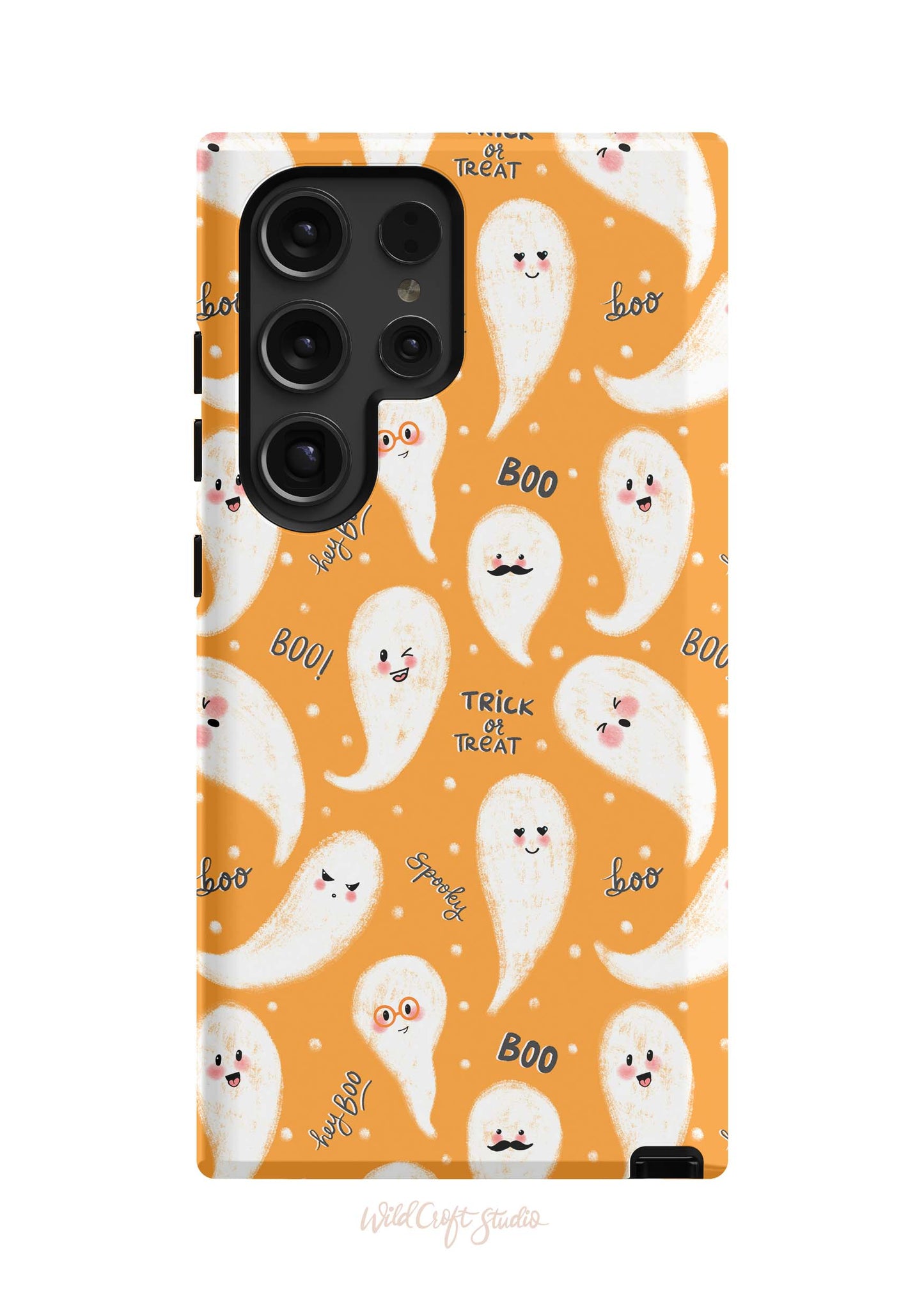 an orange phone case with ghost faces on it
