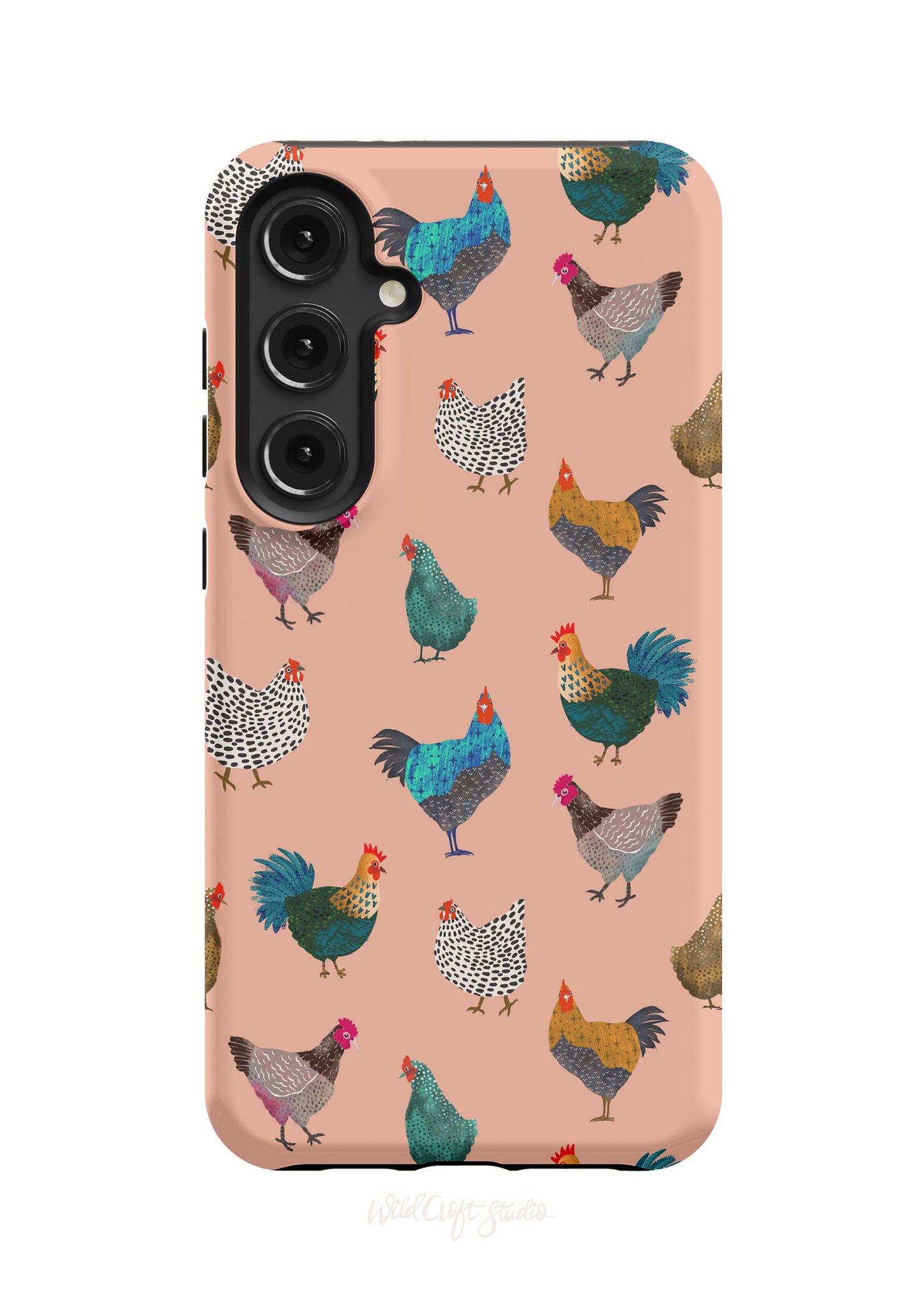 a pink phone case with colorful chickens on it
