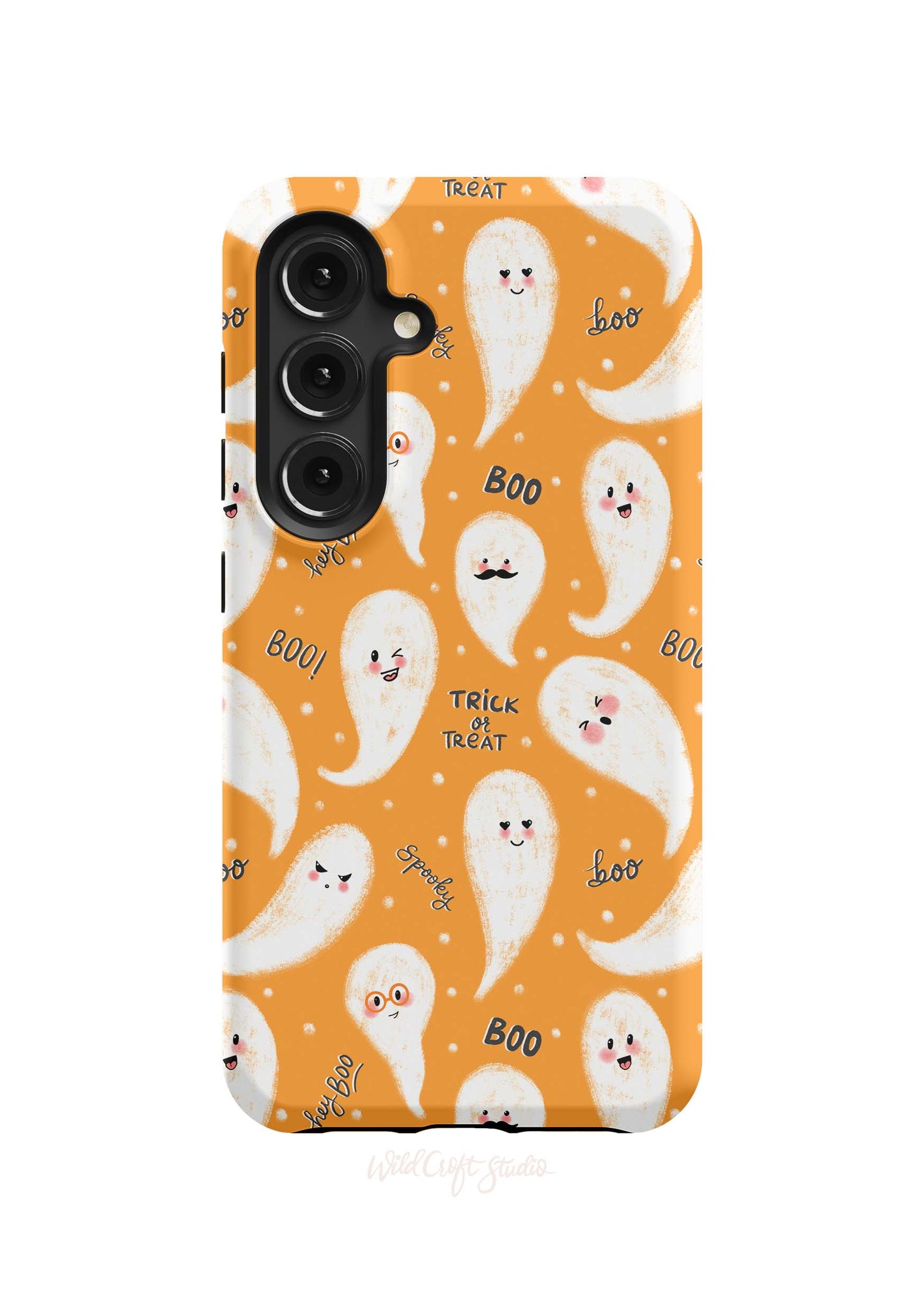 an orange phone case with ghost faces on it