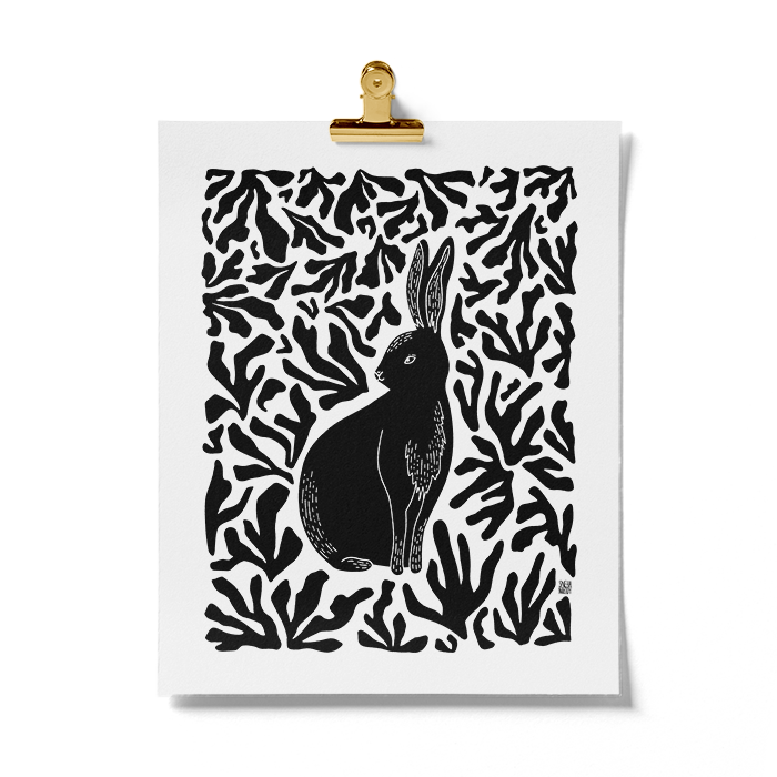 Bunny In The Forest Monochrome Art Print
