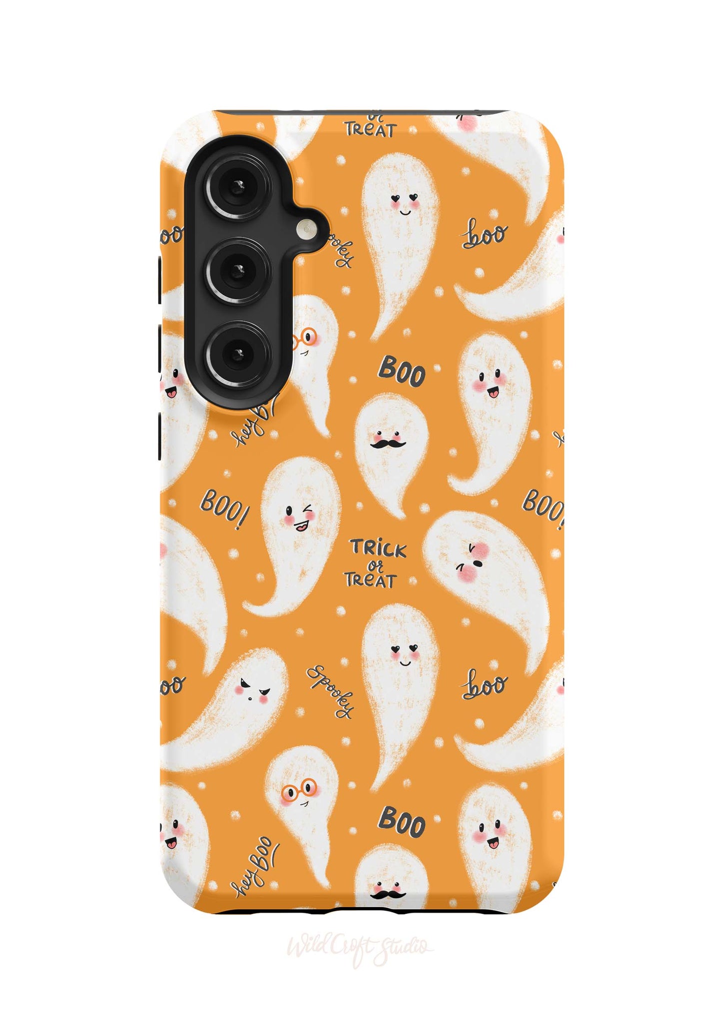 a phone case with ghost faces on an orange background