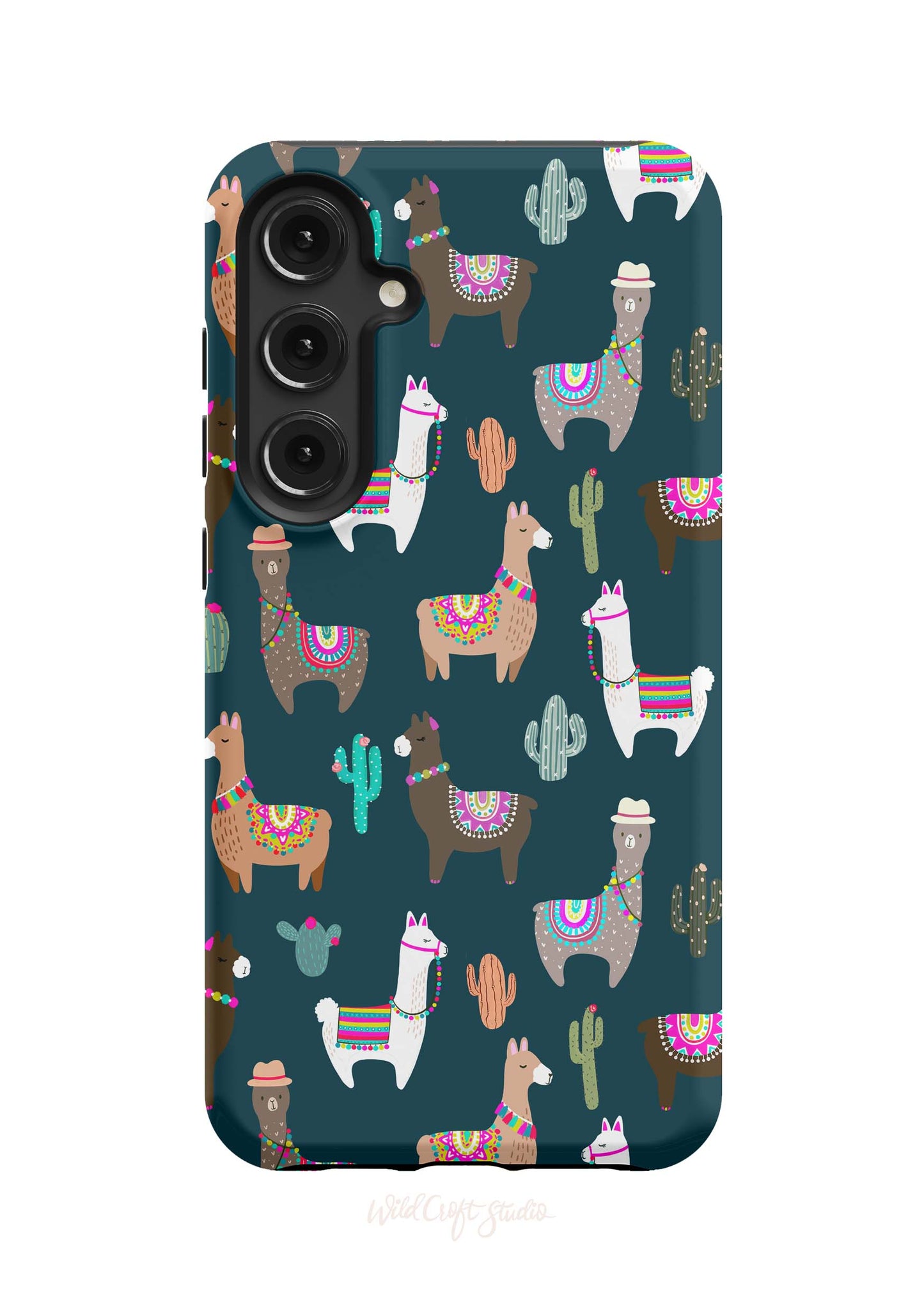 a phone case with a pattern of llamas and cacti