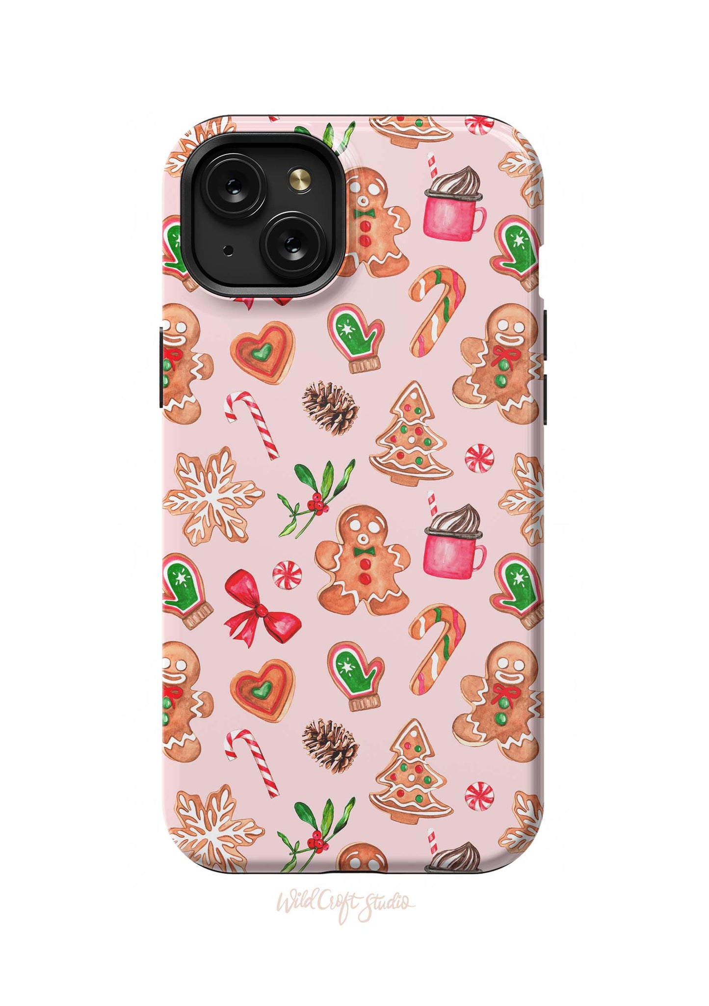 a pink phone case with ginger cookies and candy canes