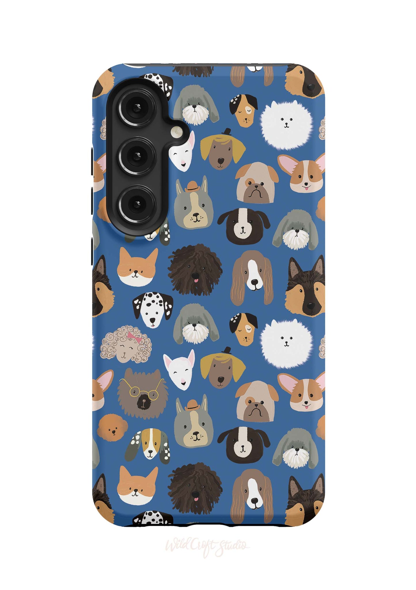 a blue phone case with dogs on it
