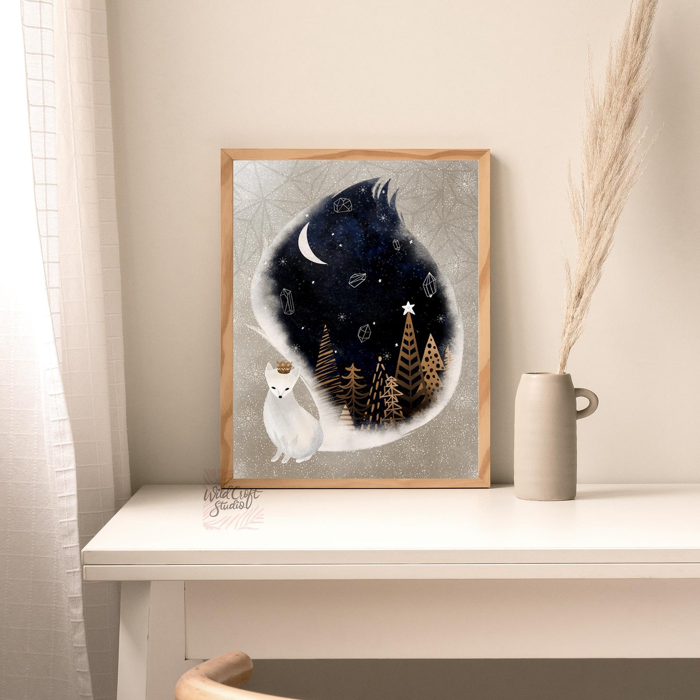 White Fox Night Winter Art Print