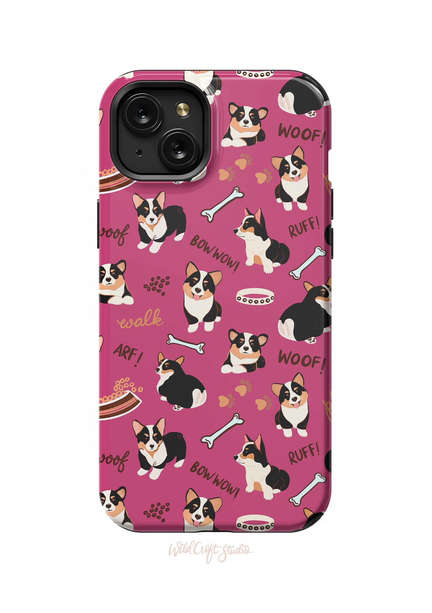 a pink phone case with a black and white dog on it