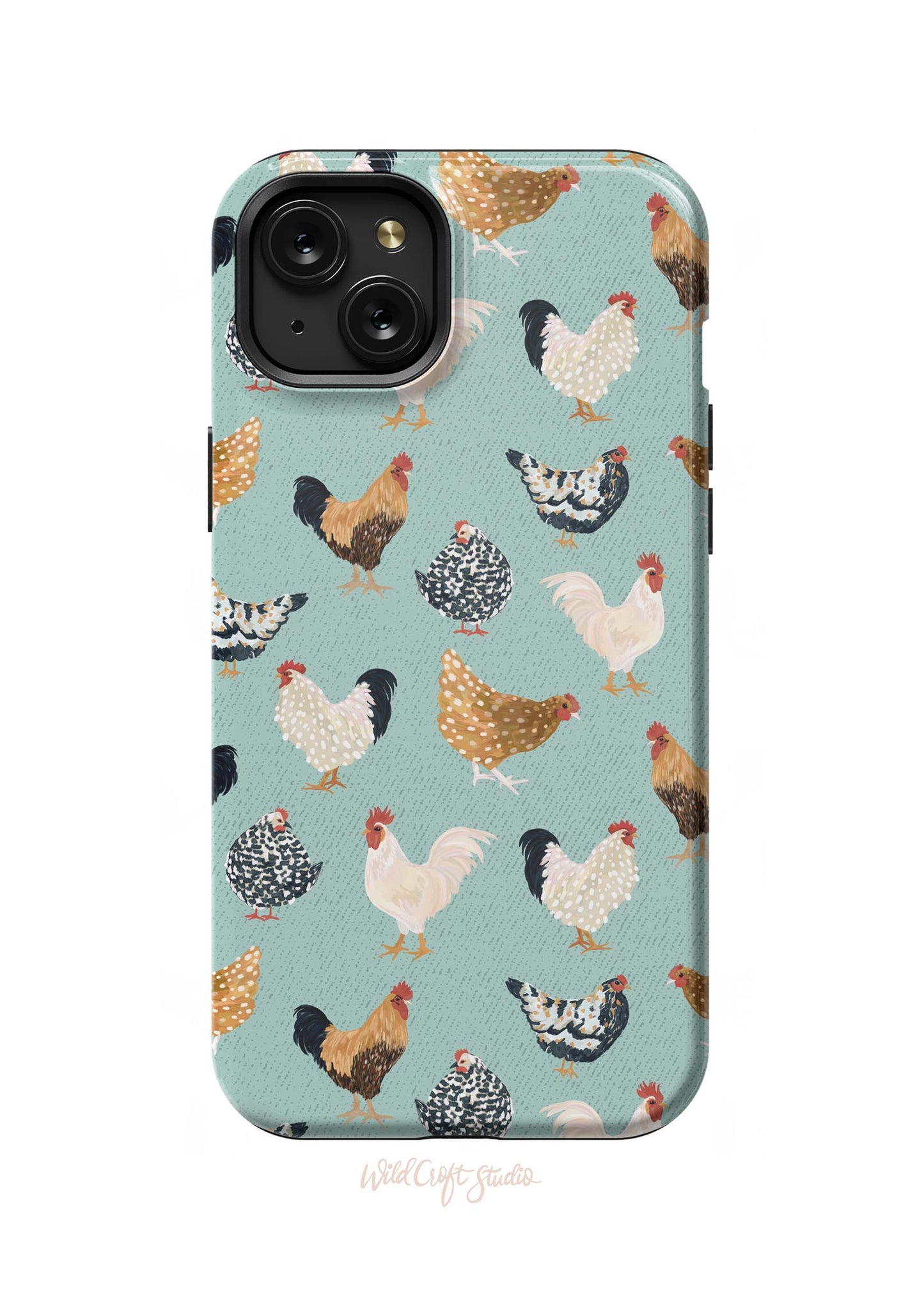 a blue phone case with chickens on it