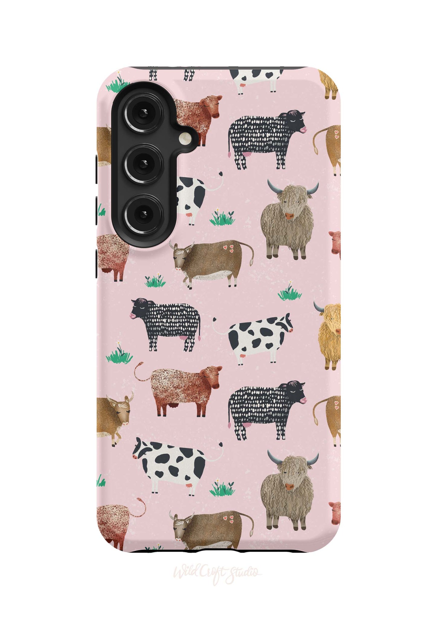 a pink phone case with cows on it