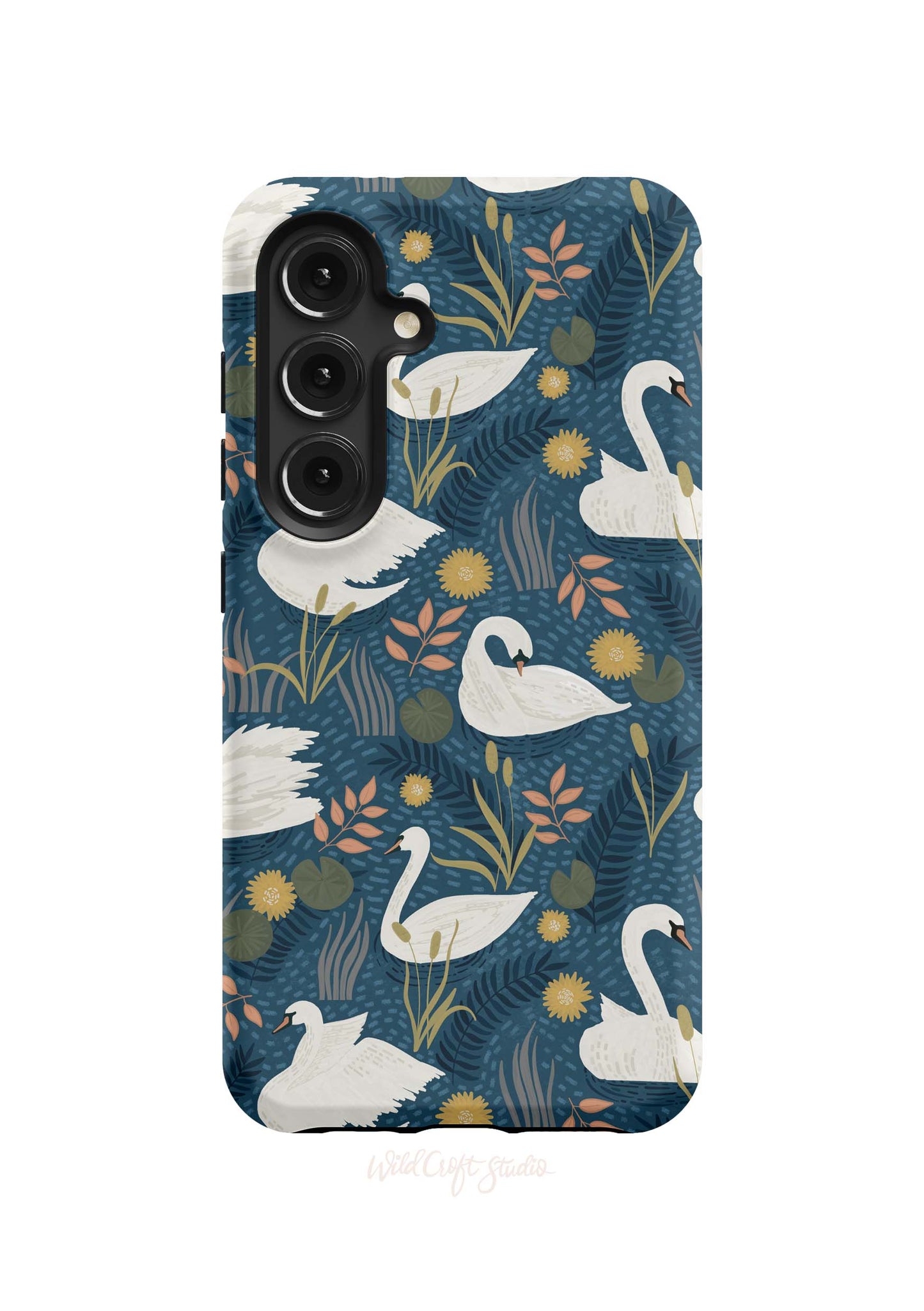 a phone case with swans on a blue background