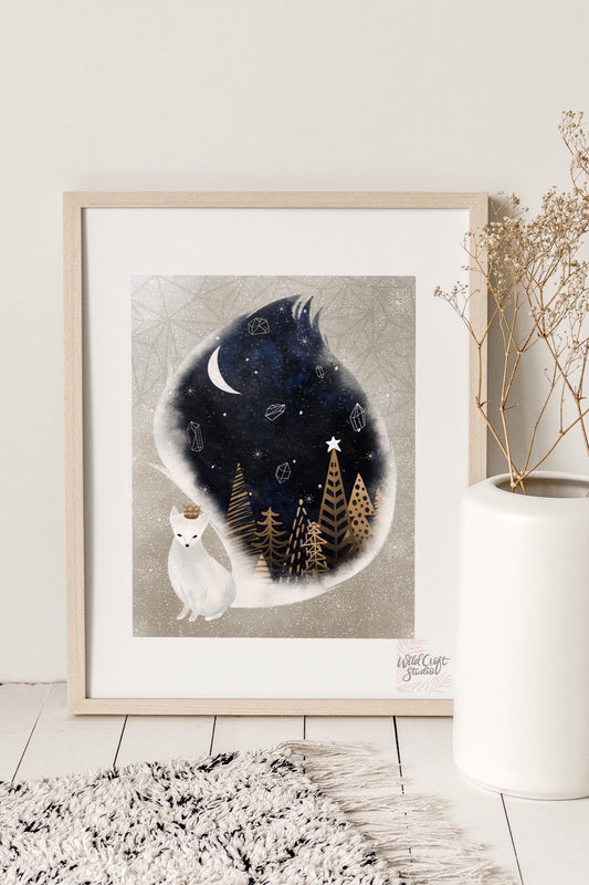 White Fox Night Winter Art Print