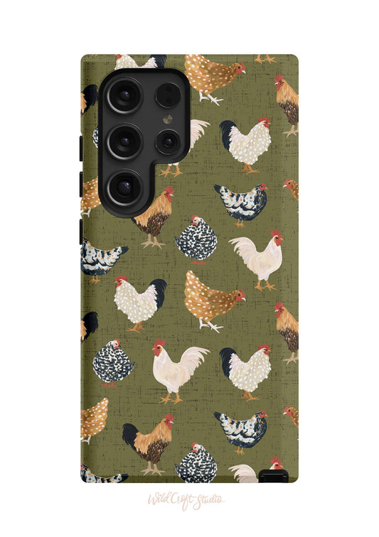 a green phone case with chickens on it