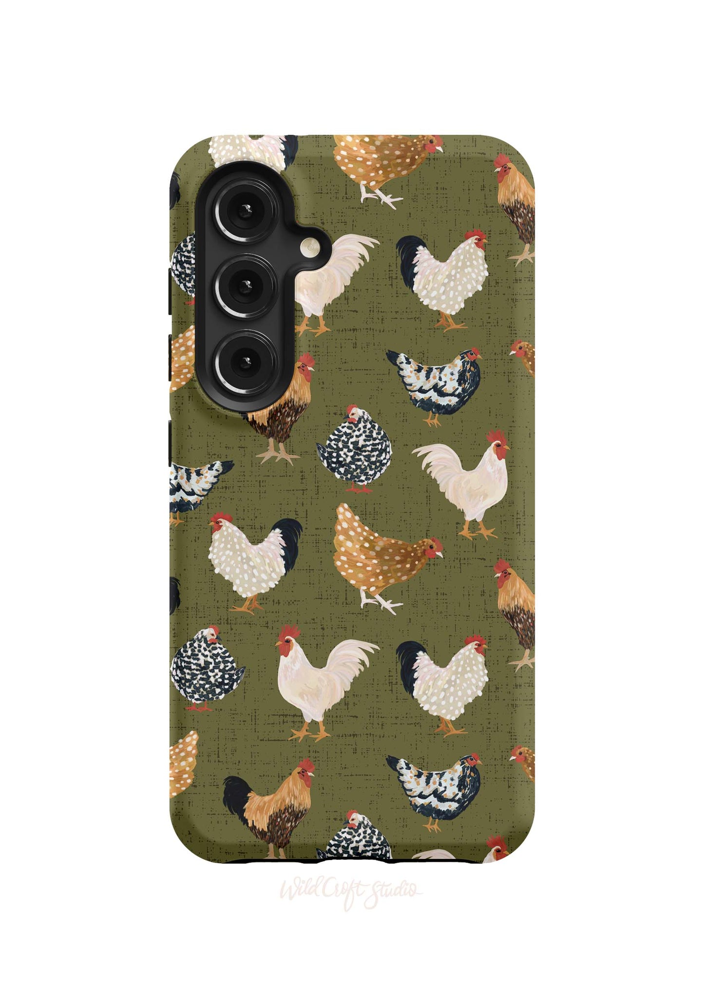 a green phone case with chickens on it