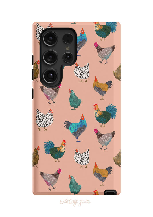 a pink phone case with colorful chickens on it
