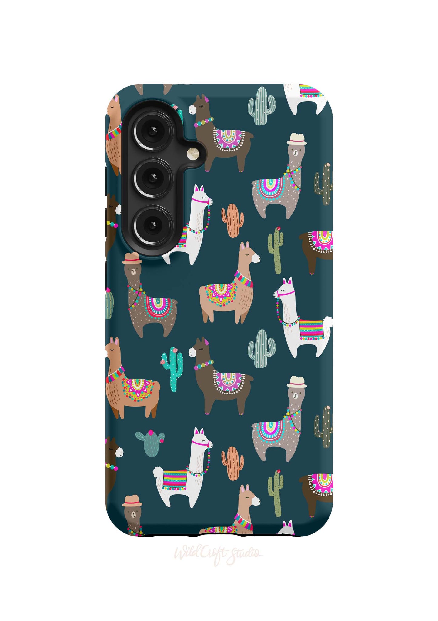 a phone case with a pattern of llamas and cacti