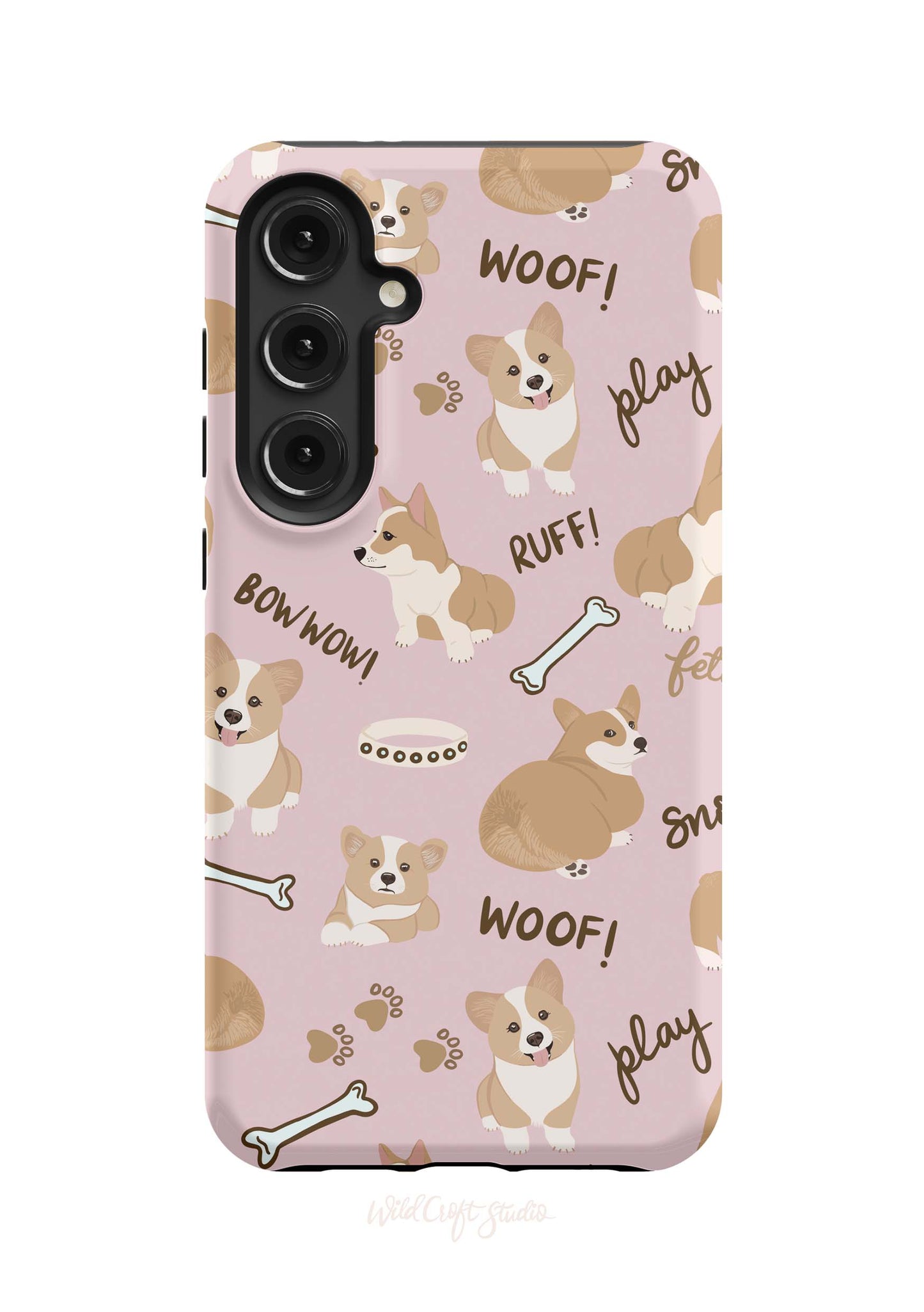 a pink phone case with dogs on it