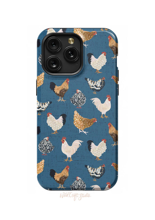 a blue phone case with chickens on it