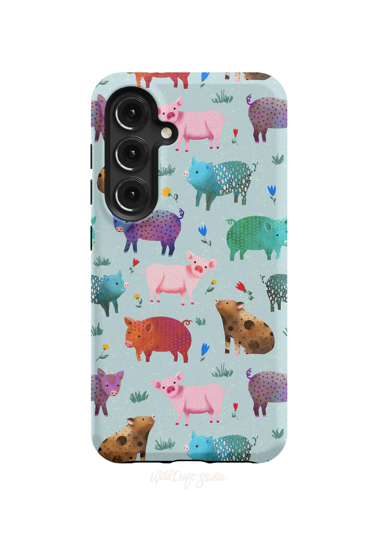 a phone case with pigs on a blue background