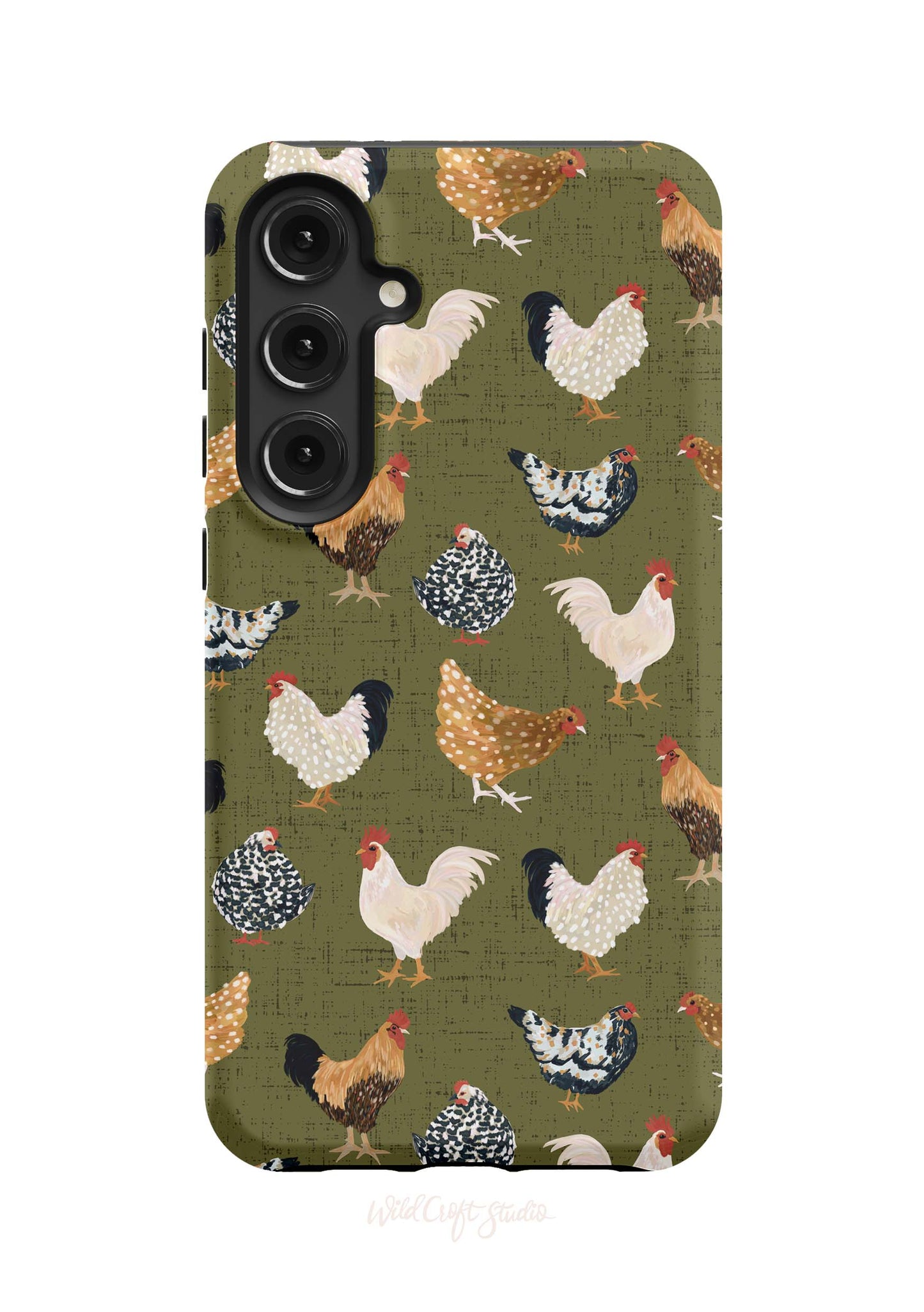 a green phone case with chickens on it
